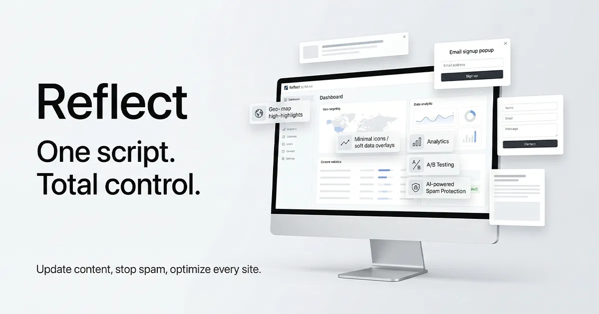 Reflect — one script, total control. Content updates, spam protection, and site optimization from one dashboard.