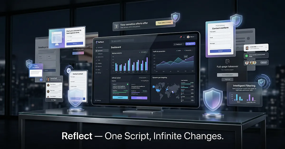 Reflect dashboard showing analytics, A/B testing, geo-targeting, content injection types, and intelligent spam filtering
